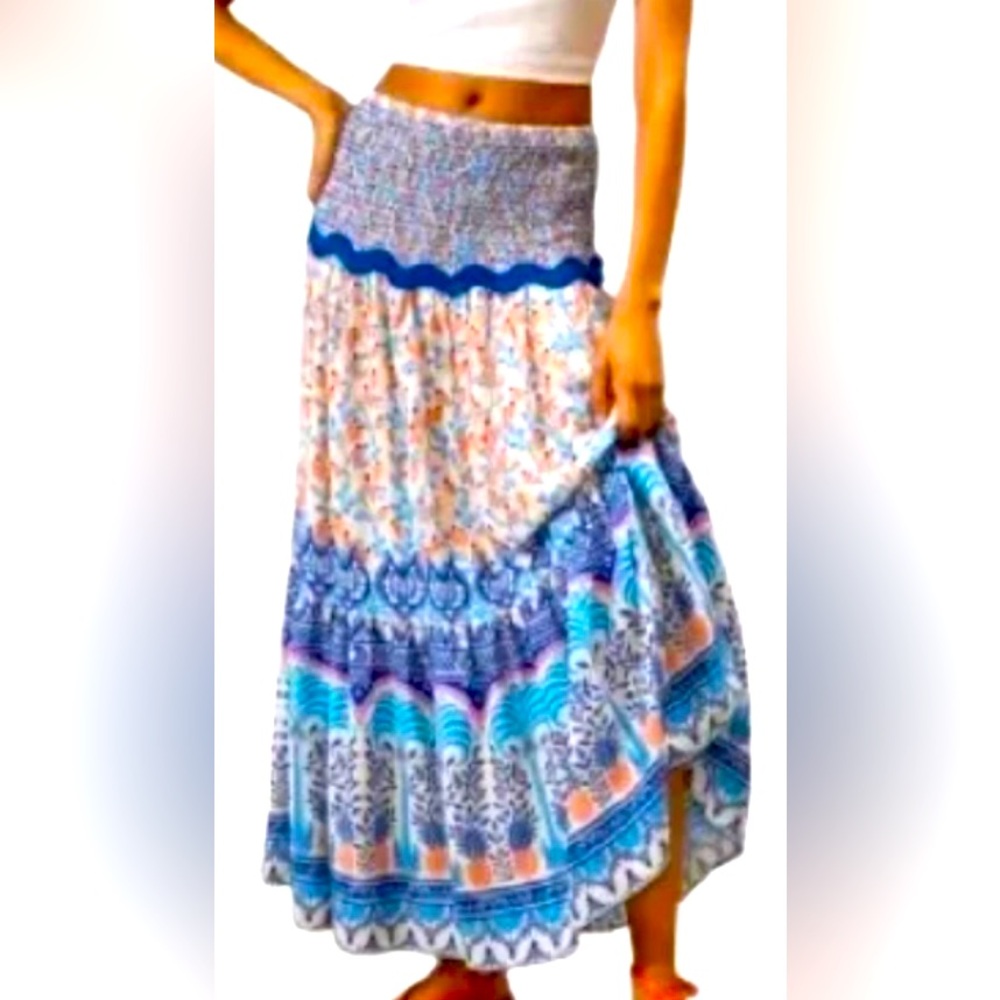 FARM Rio For Anthropologie Tiered Midi Skirt Small 100% Viscose Flowy Vacation